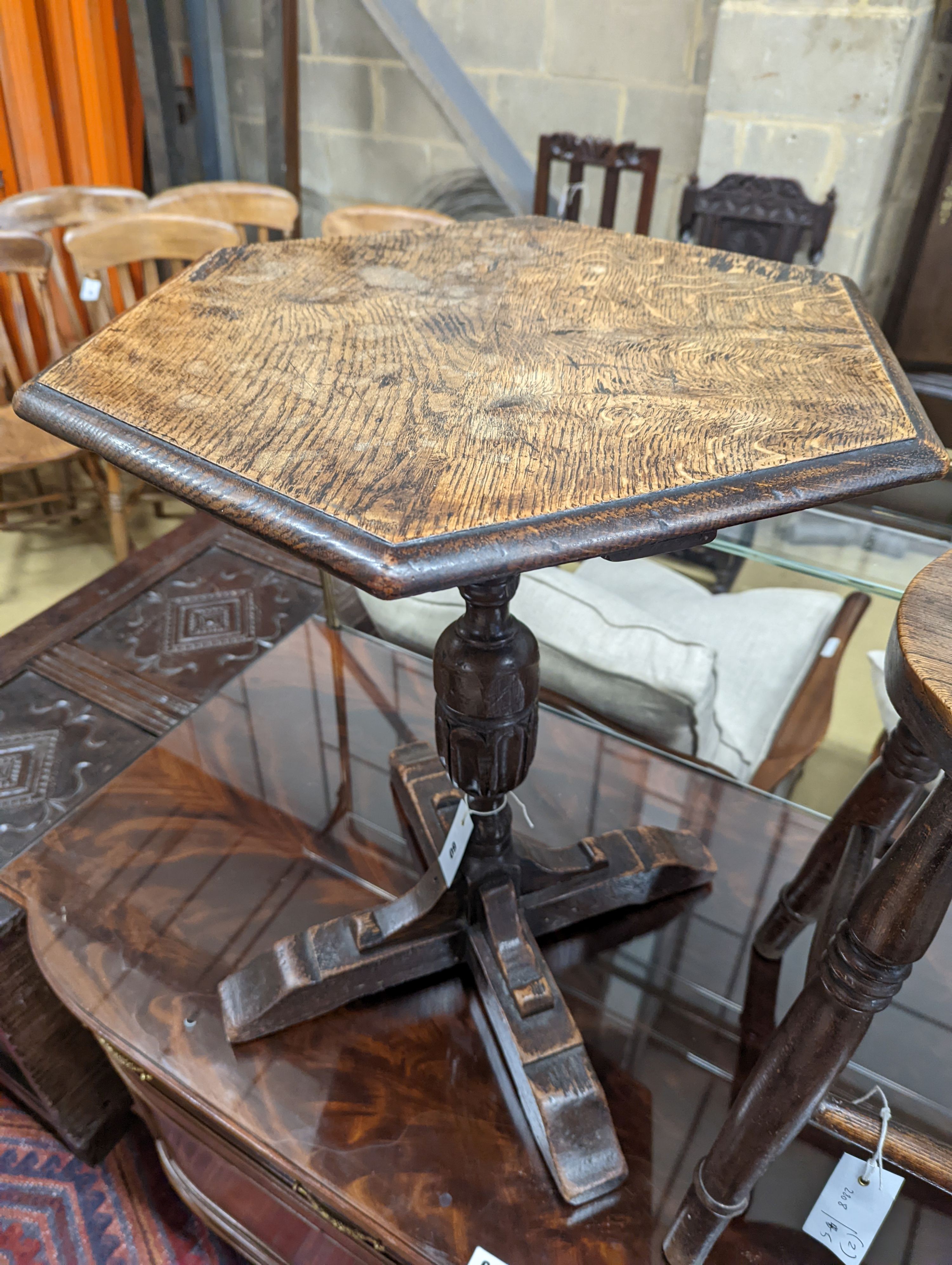 A Victorian elm stool together with an 18th century style hexagonal oak occasional table, table height 62cm